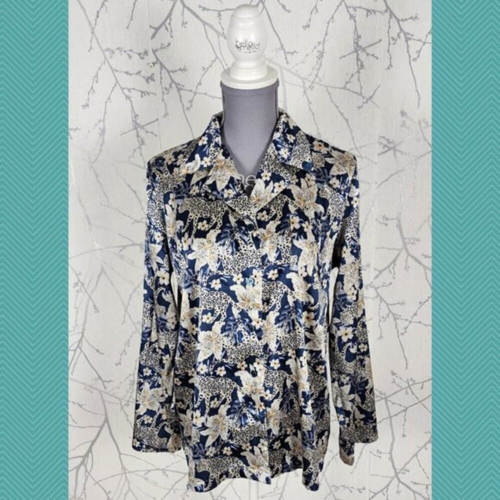 Tahari Blue Floral Print Satin Stretch Button Front Shirt